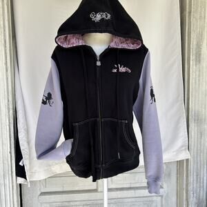 Womens motorcycle riding Jacket Zip up Hoodie Size L Purple Black Thumb Holes